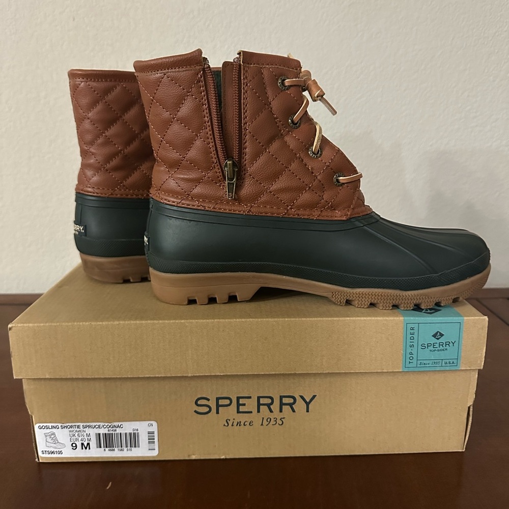 Sperry Brown Quilted Duck Boots Gosling Shortie Spruce/Cognac